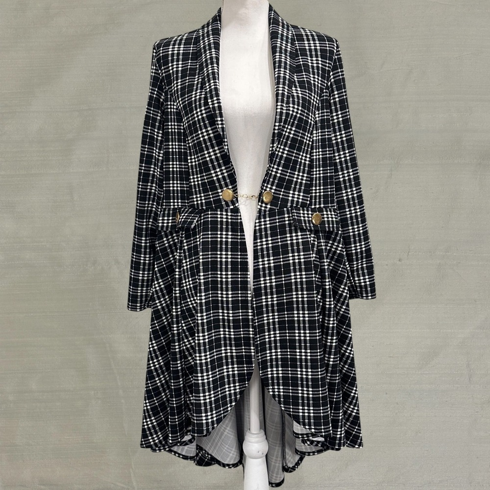 VTG Y2K Vamp Black White Plaid High Low Cardigan Jacket Gold Chain XL Steampunk‎